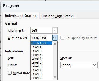 Outline levels dropdown menu in Paragraph Options in Word